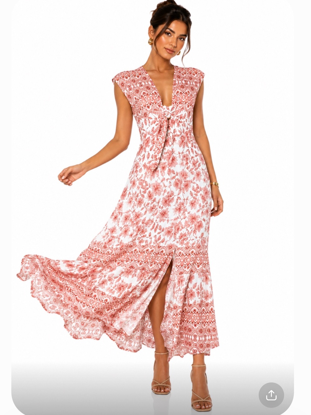 INTERMIX Linen Sleeveless Coral Floral Maxi Dress